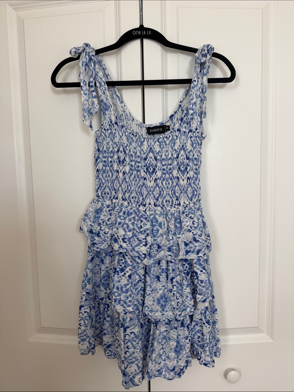 En Creme Blue and White Smocked Tie-Shoulder Tiered Mini Dress